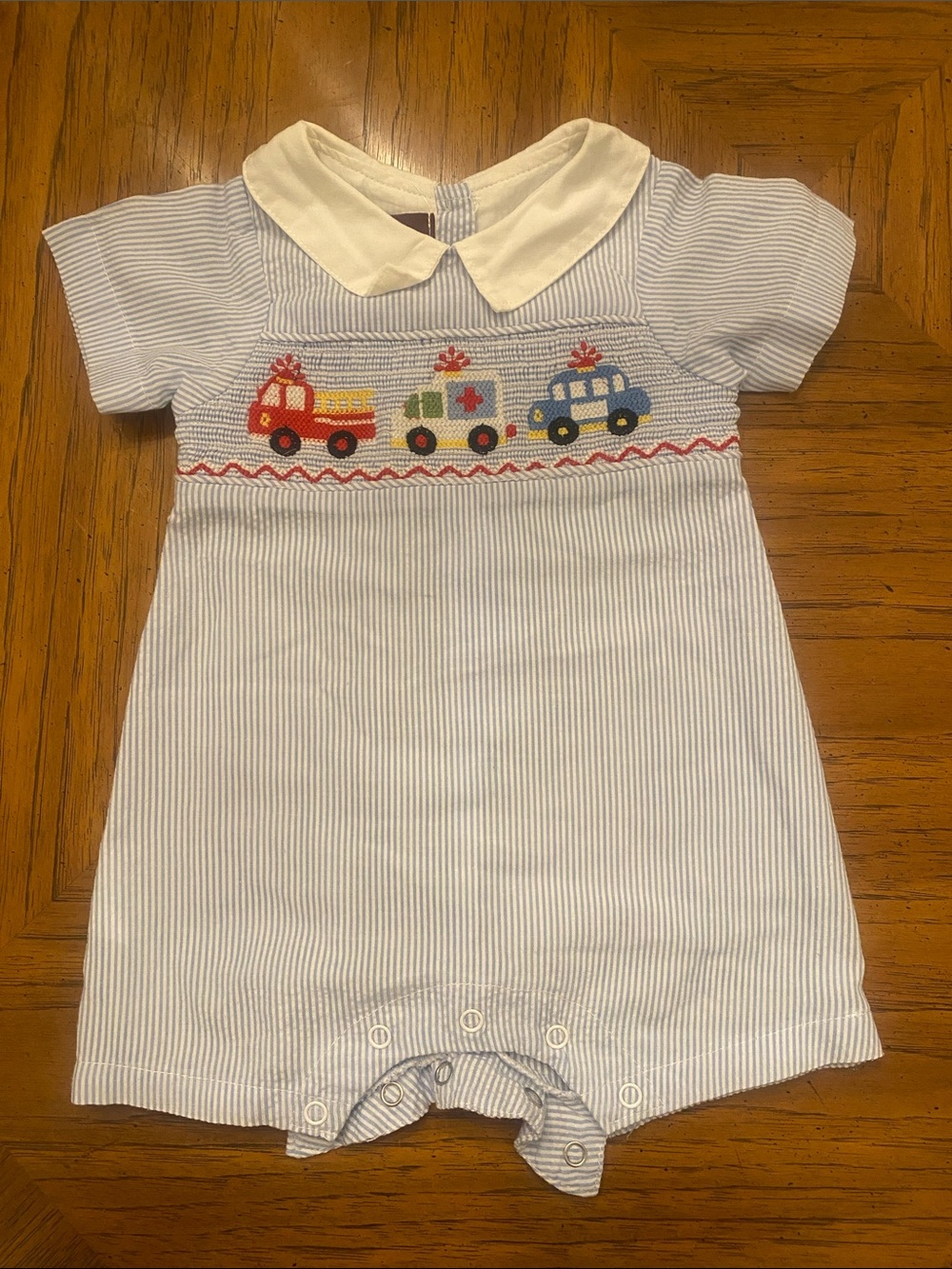 Smocked Blue Stripe Baby One-Piece Bodysuit with Vehicle Motif